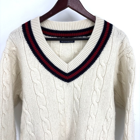 Brandy Melville Nikki Heavy Wool Cable Knit Stripe Oversized Vneck Sweater L/XL - Picture 4 of 9